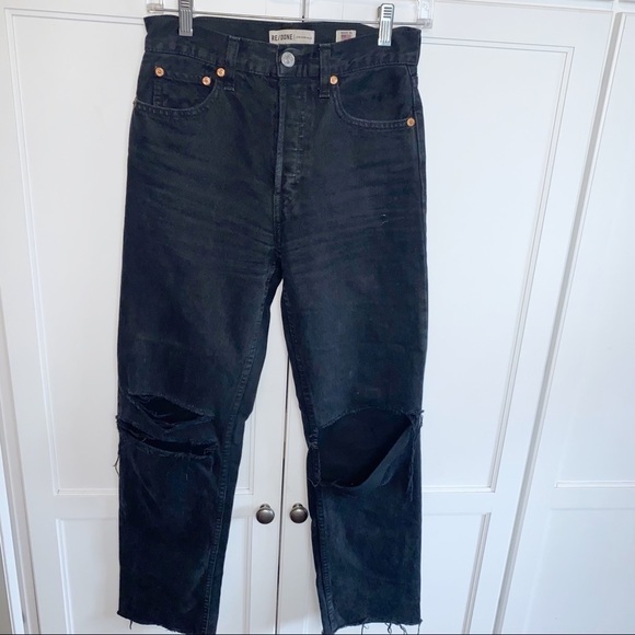 RE/DONE 70s Stove Pipe Black Straight 
Raw-Hem High-Rise Distressed Jeans 24 - Picture 2 of 14